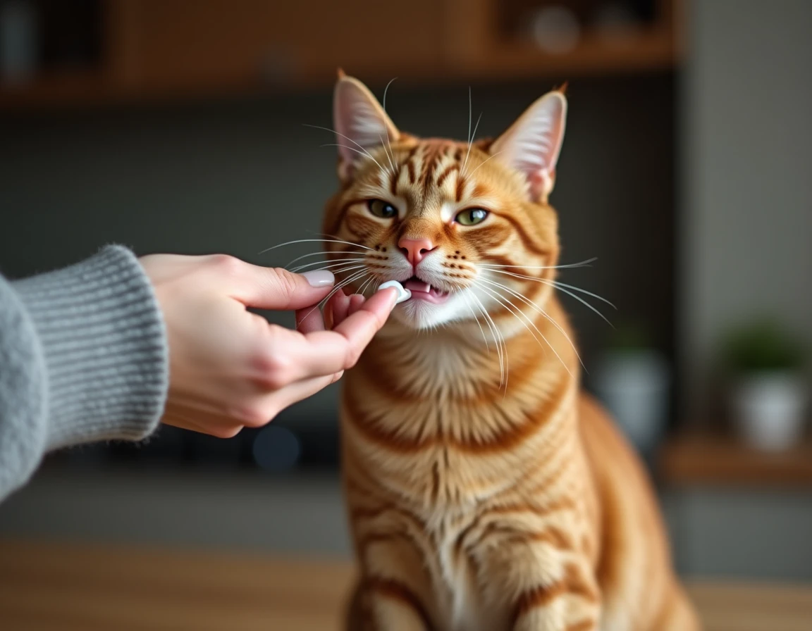 Propriétaire administrant un comprimé antibiotique à son chat roux dans une cuisine moderne