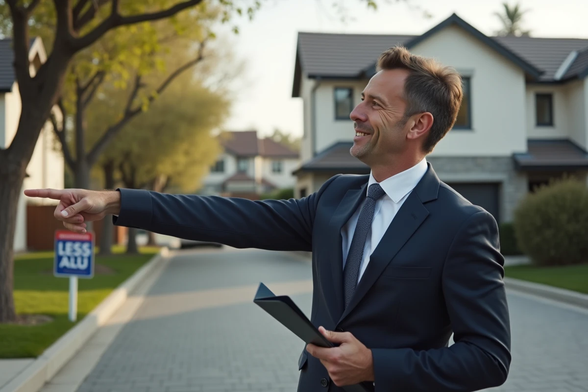 Agent immobilier en costume devant une maison neuve en banlieue présentant un bien à un acheteur potentiel