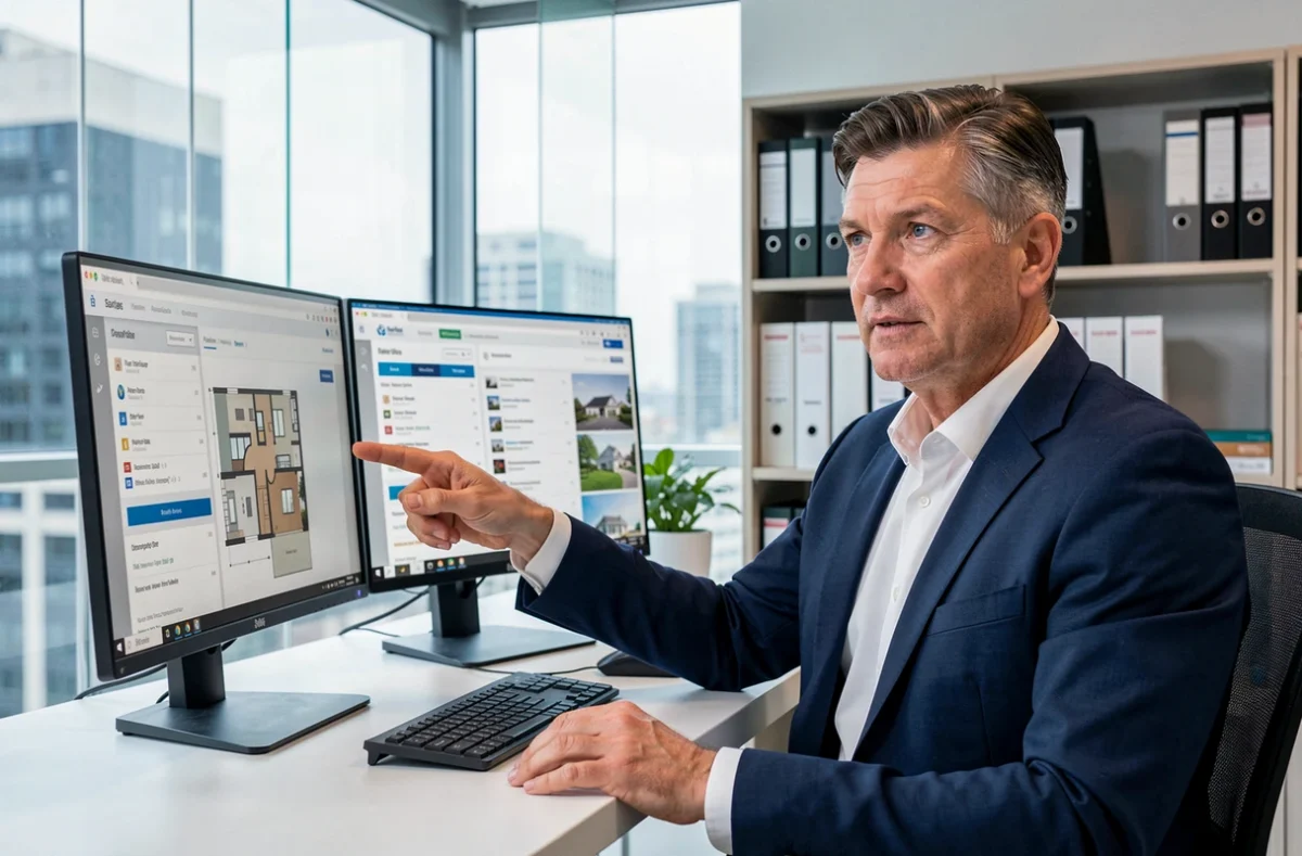 Agent immobilier présentant des annonces sur un portail immobilier fiable depuis son bureau en agence