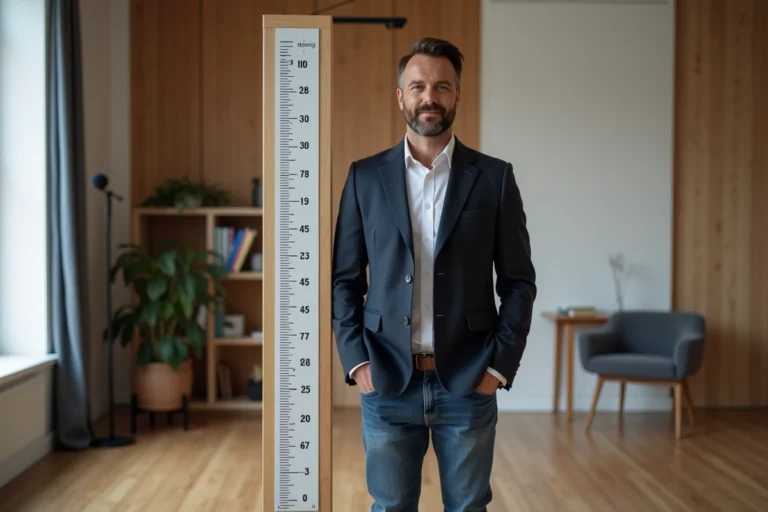Présentateur TV français debout près d'une règle de hauteur