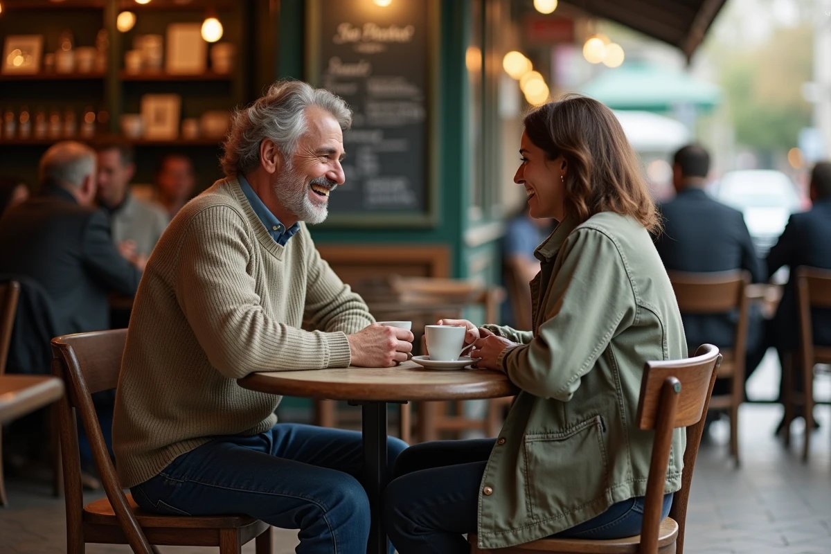 Couple d'âge mûr en conversation dans un café parisien, illustrant la dimension familiale et intime de la vie privée d'Anthony Bellanger