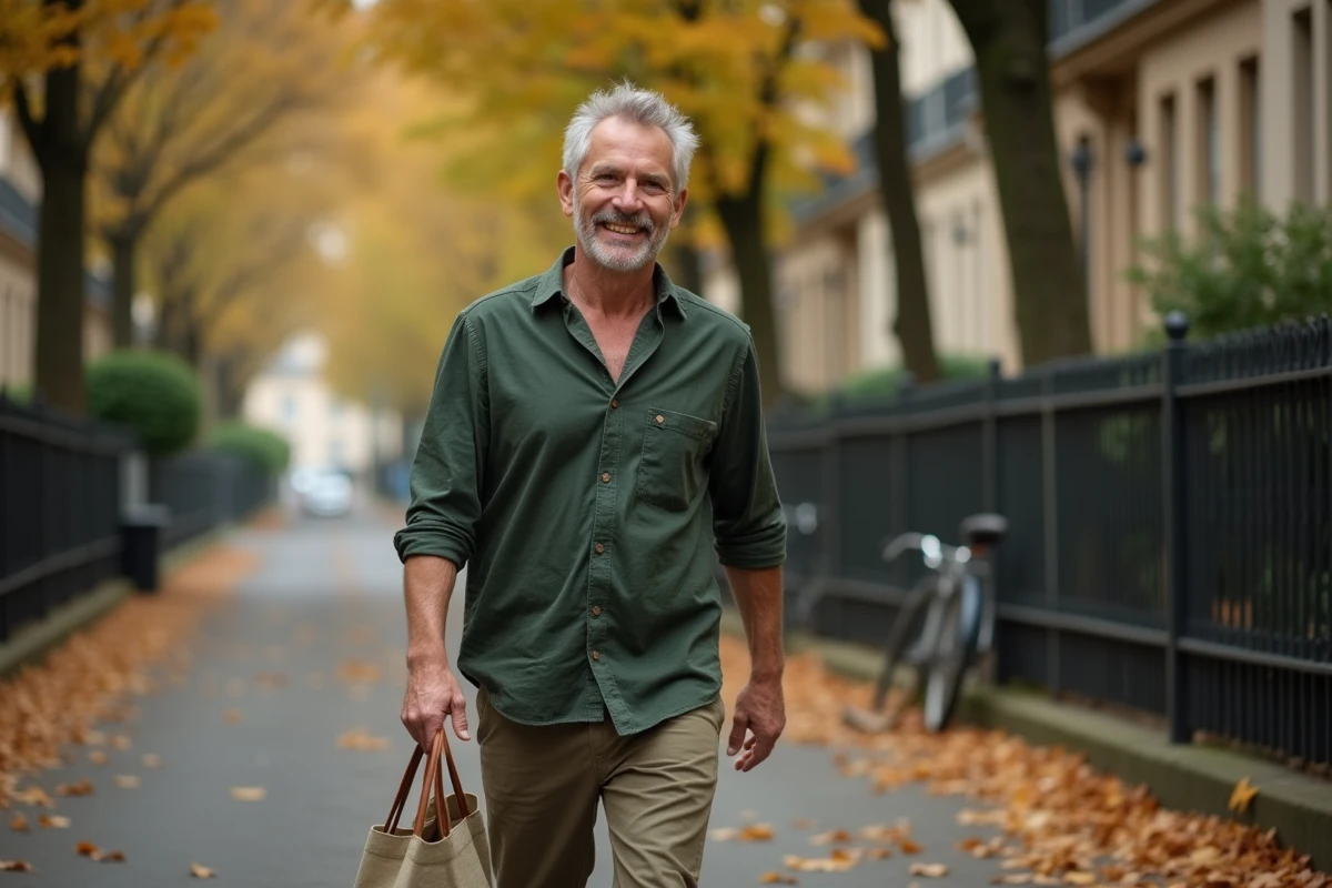Homme aux cheveux poivre et sel marchant dans une rue résidentielle parisienne en automne, évoquant la vie quotidienne et familiale d'Anthony Bellanger