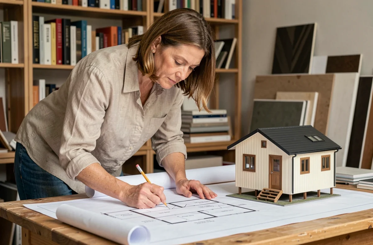 Femme architecte étudiant les plans d'une petite maison sur une table à dessin dans un bureau créatif