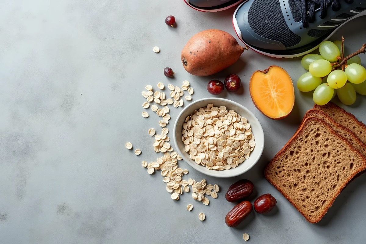 Assortiment de glucides pré-entraînement comme l'avoine, la patate douce, le pain complet et les fruits pour optimiser les performances sportives