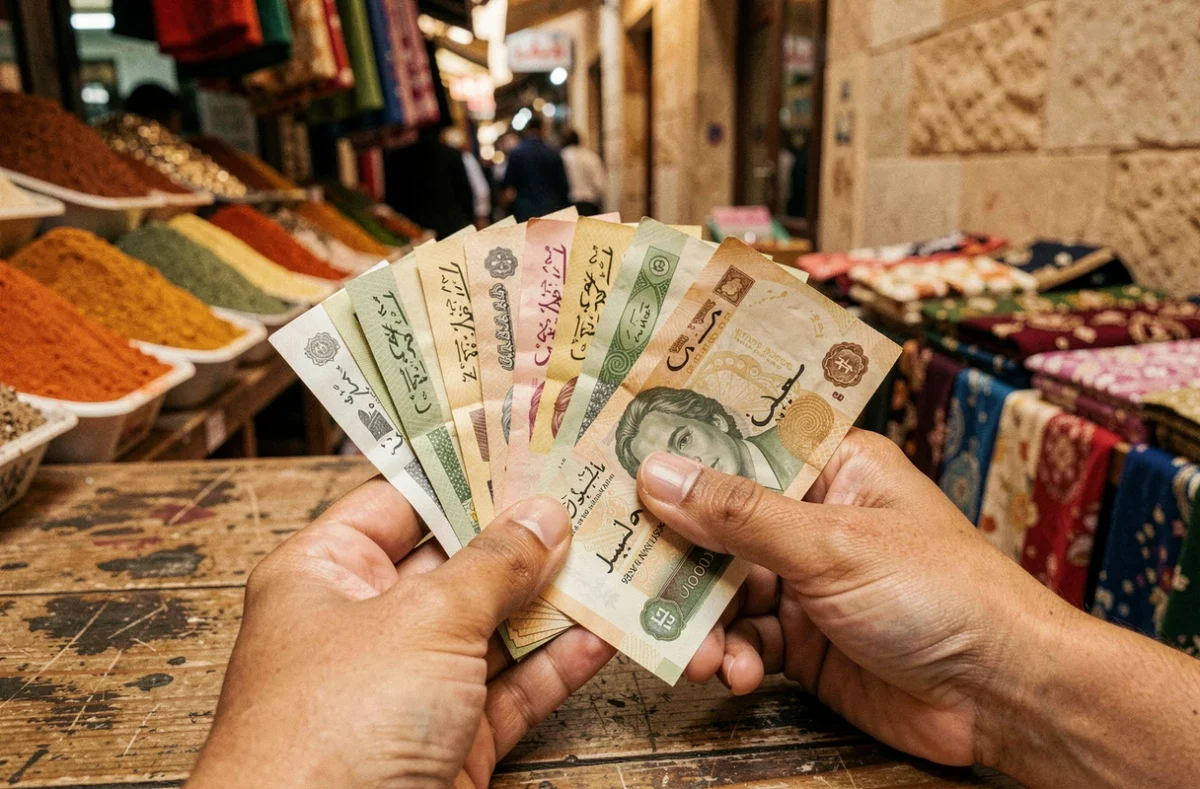 Main tenant des billets en livres égyptiennes dans un marché du Caire, monnaie locale pour voyageur en Égypte