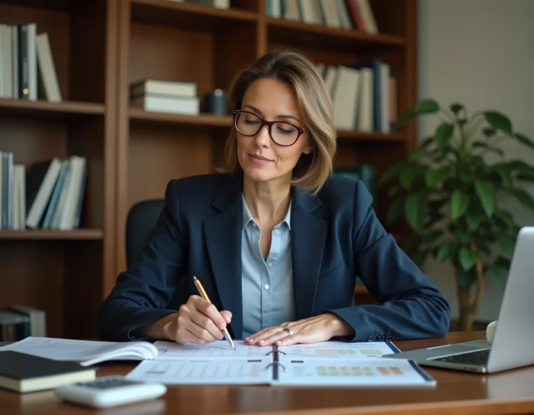 Femme calculant les années de détention d'un bien immobilier à son bureau avec des documents et un calendrier