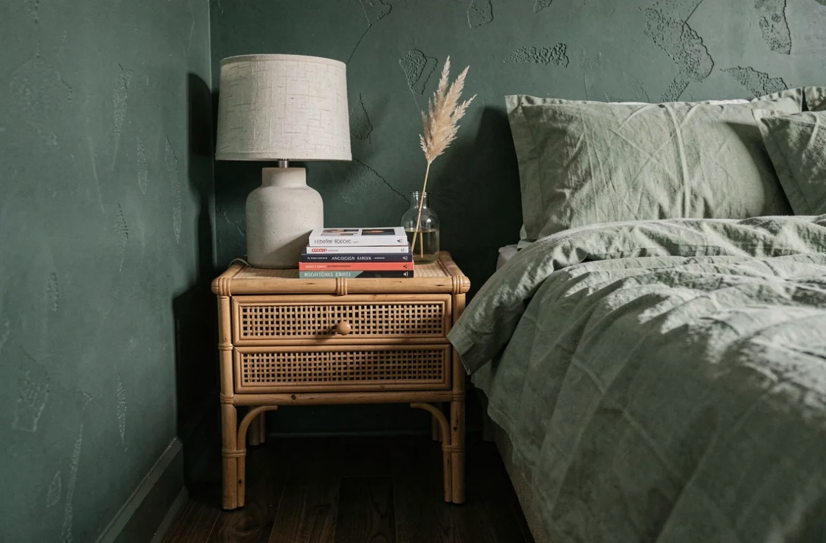 Coin chambre à coucher avec table de chevet en rotin, mur en chaux vert forêt et déco minimaliste aux tons naturels