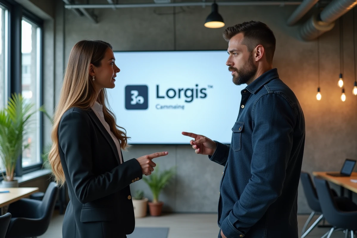 Deux collègues discutant d'une présentation de rebranding avec le nouveau nom d'une entreprise dans un espace de coworking