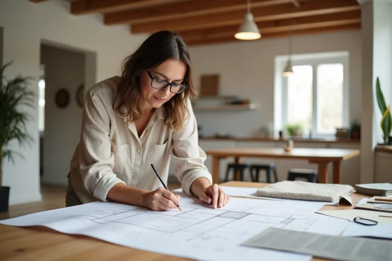 Femme architecte d'intérieur étudiant des plans de maison et des échantillons de matériaux sur une grande table en bois