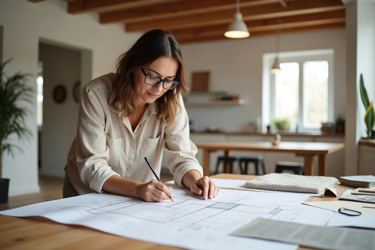 Femme architecte d'intérieur étudiant des plans de maison et des échantillons de matériaux sur une grande table en bois