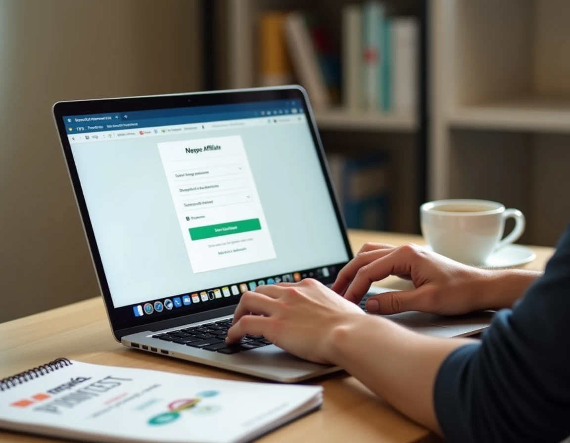Gros plan sur un ordinateur portable affichant la page de connexion de l'espace affilié Securitest avec un carnet de notes sur un bureau à domicile