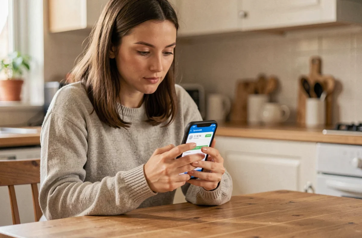 Jeune femme consultant son crédit internet Lycamobile sur son smartphone dans une cuisine moderne