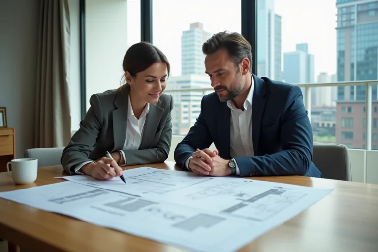 Couple de professionnels étudiant des plans immobiliers et des documents d'investissement sur une table en bois dans un appartement moderne avec vue urbaine