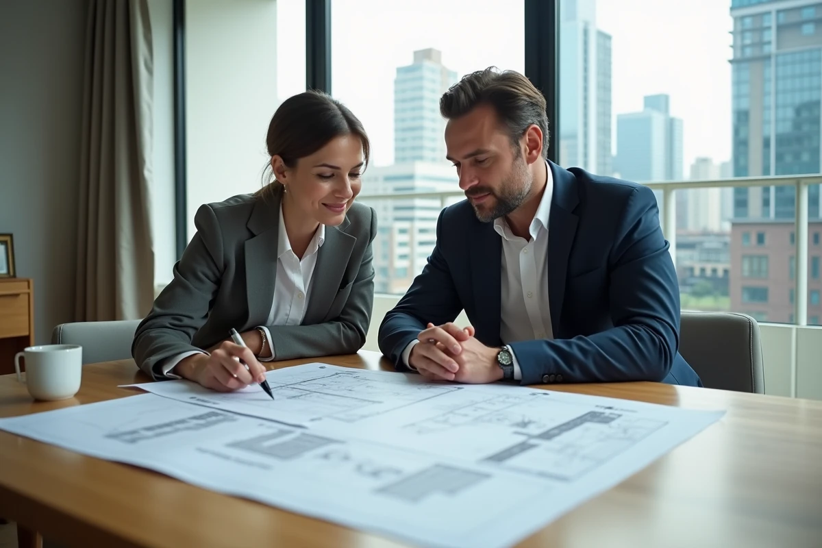 Couple de professionnels étudiant des plans immobiliers et des documents d'investissement sur une table en bois dans un appartement moderne avec vue urbaine