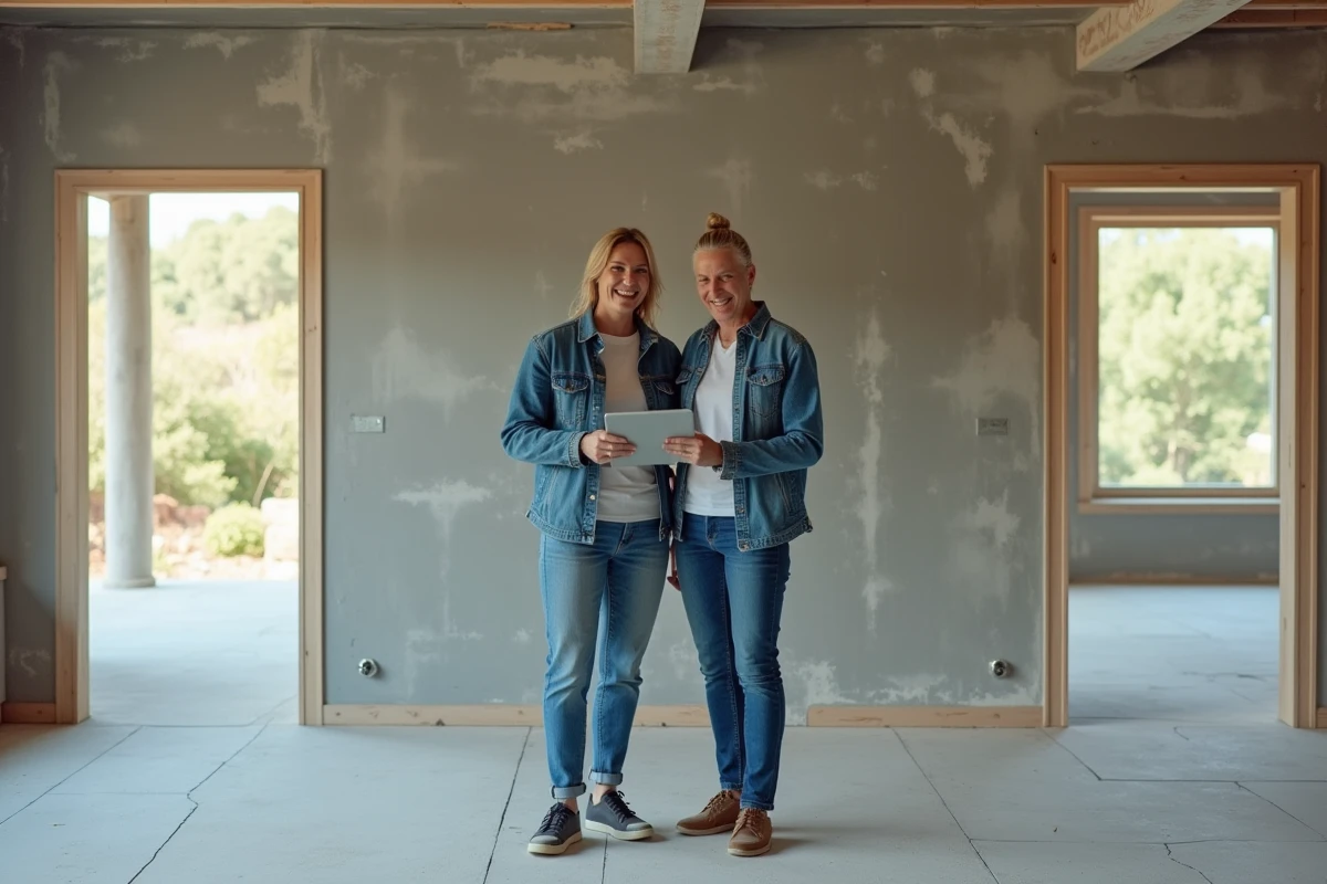 Couple discutant du projet de rénovation de leur future maison dans un espace en travaux