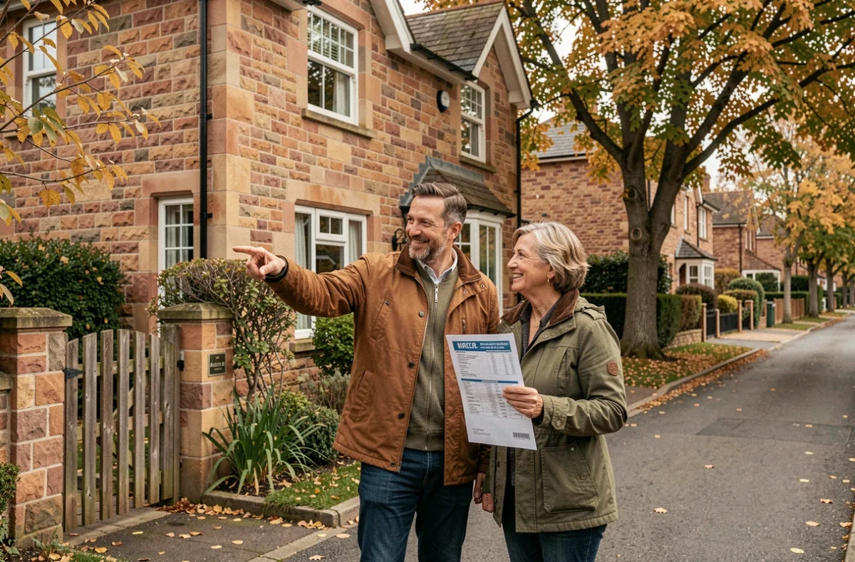 Couple visitant une maison individuelle trouvée via un portail immobilier fiable en zone pavillonnaire