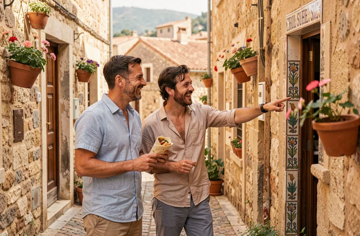 Couple de voyageurs découvrant une ruelle pittoresque d'un village méditerranéen lors d'un voyage inoubliable
