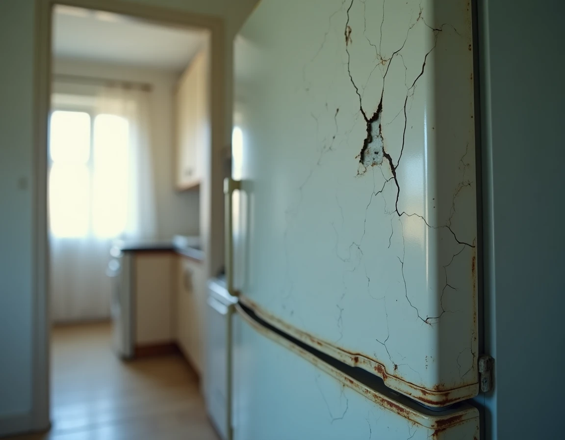 Gros plan sur un réfrigérateur vétuste avec joint cassé et rouille dans un appartement en location