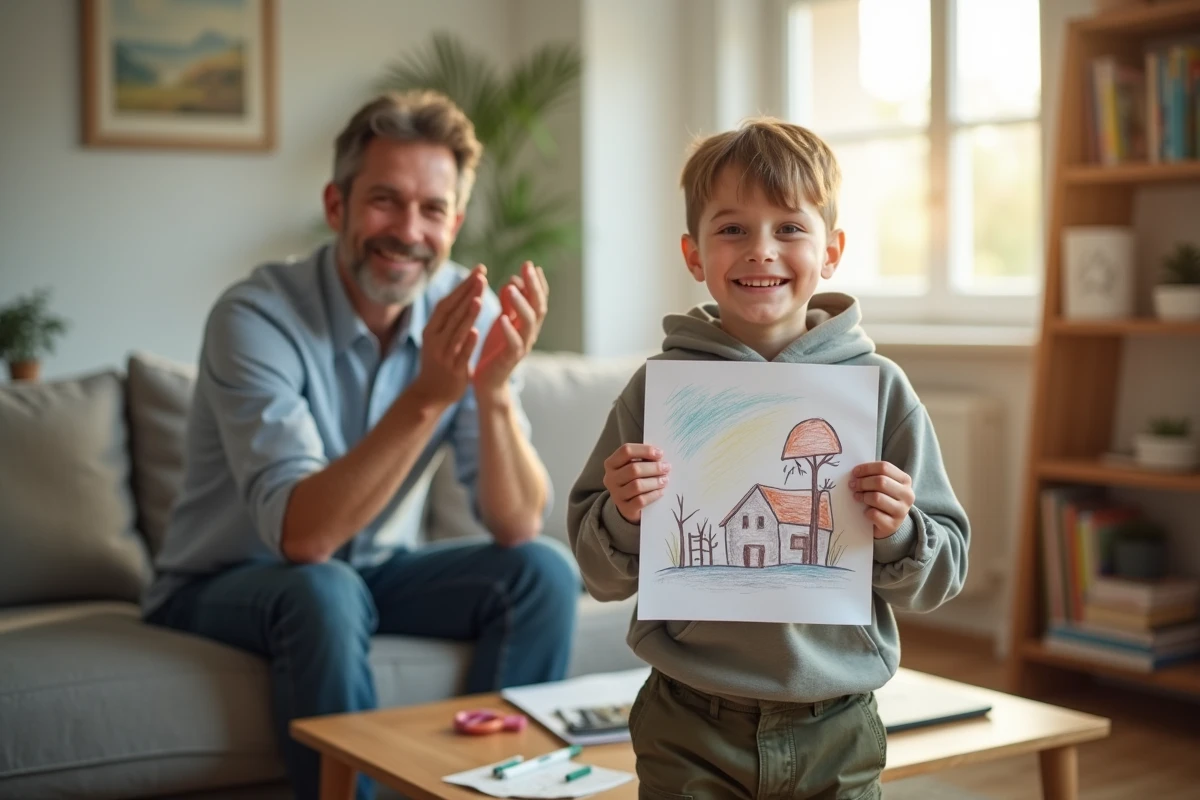 Père encourageant son fils après une réussite créative à la maison, illustrant le renforcement positif pour motiver un enfant