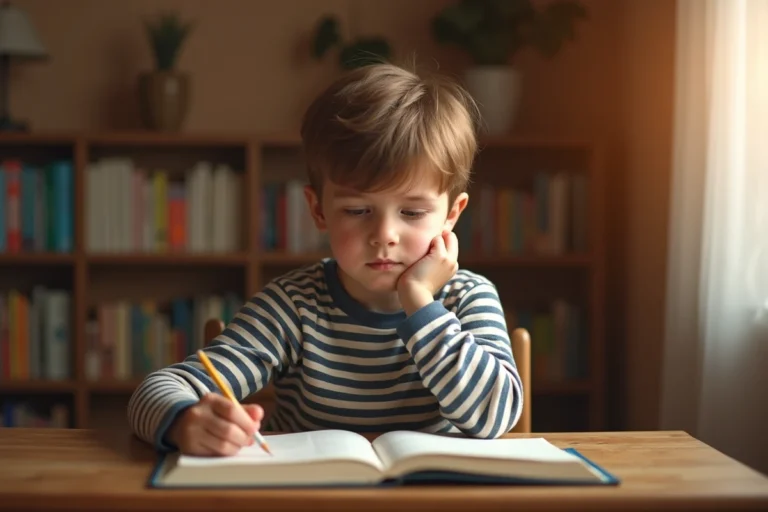 Jeune garçon démotivé assis à son bureau face à ses devoirs, illustrant le manque de motivation scolaire chez l'enfant