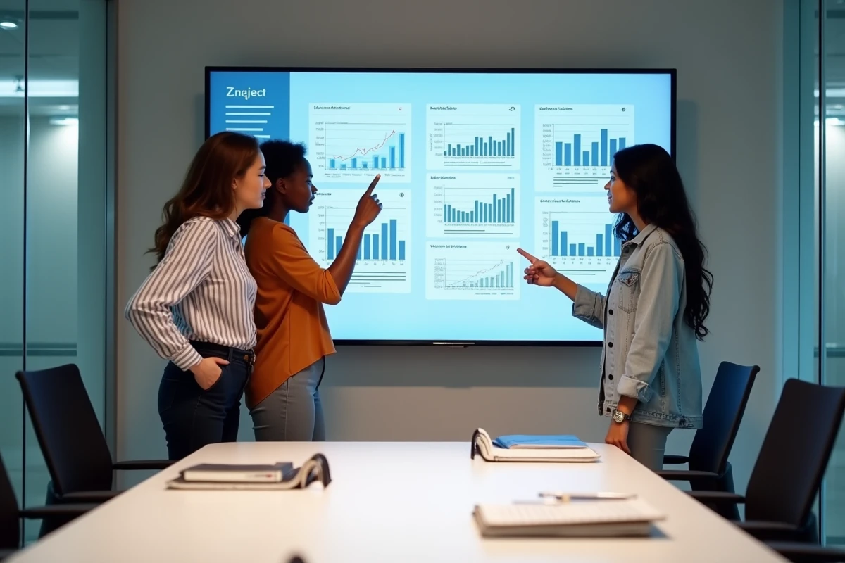 Équipe de professionnels analysant les tendances et articles web dans une salle de réunion moderne