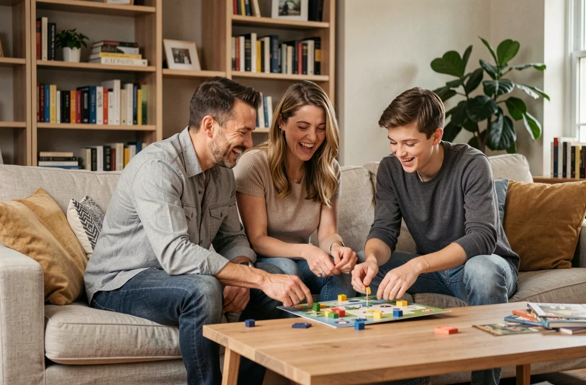 Parents et jeune adulte jouant à un jeu de société ensemble dans un salon moderne et décoré