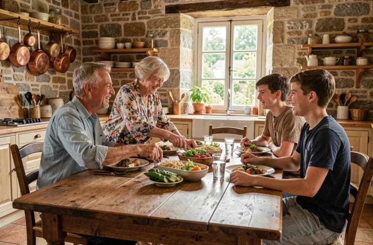 Famille multigénérationnelle partageant un repas convivial autour d'une grande table en bois dans une cuisine chaleureuse