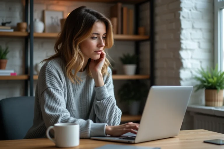 Femme consultant les dernières actualités web sur un ordinateur portable dans un bureau moderne