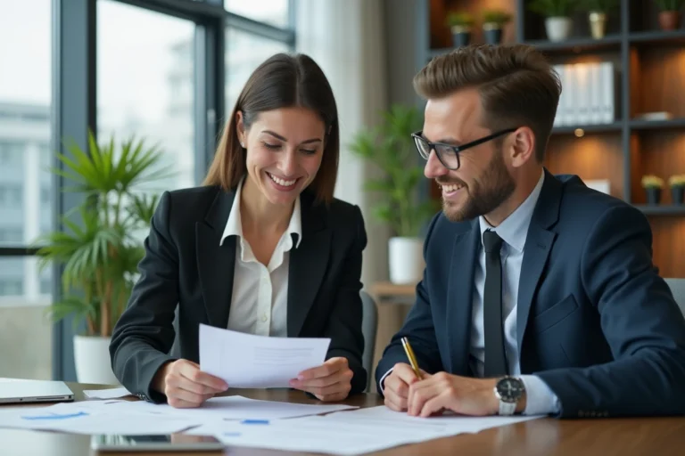 Femme souriante en blazer dans un bureau moderne