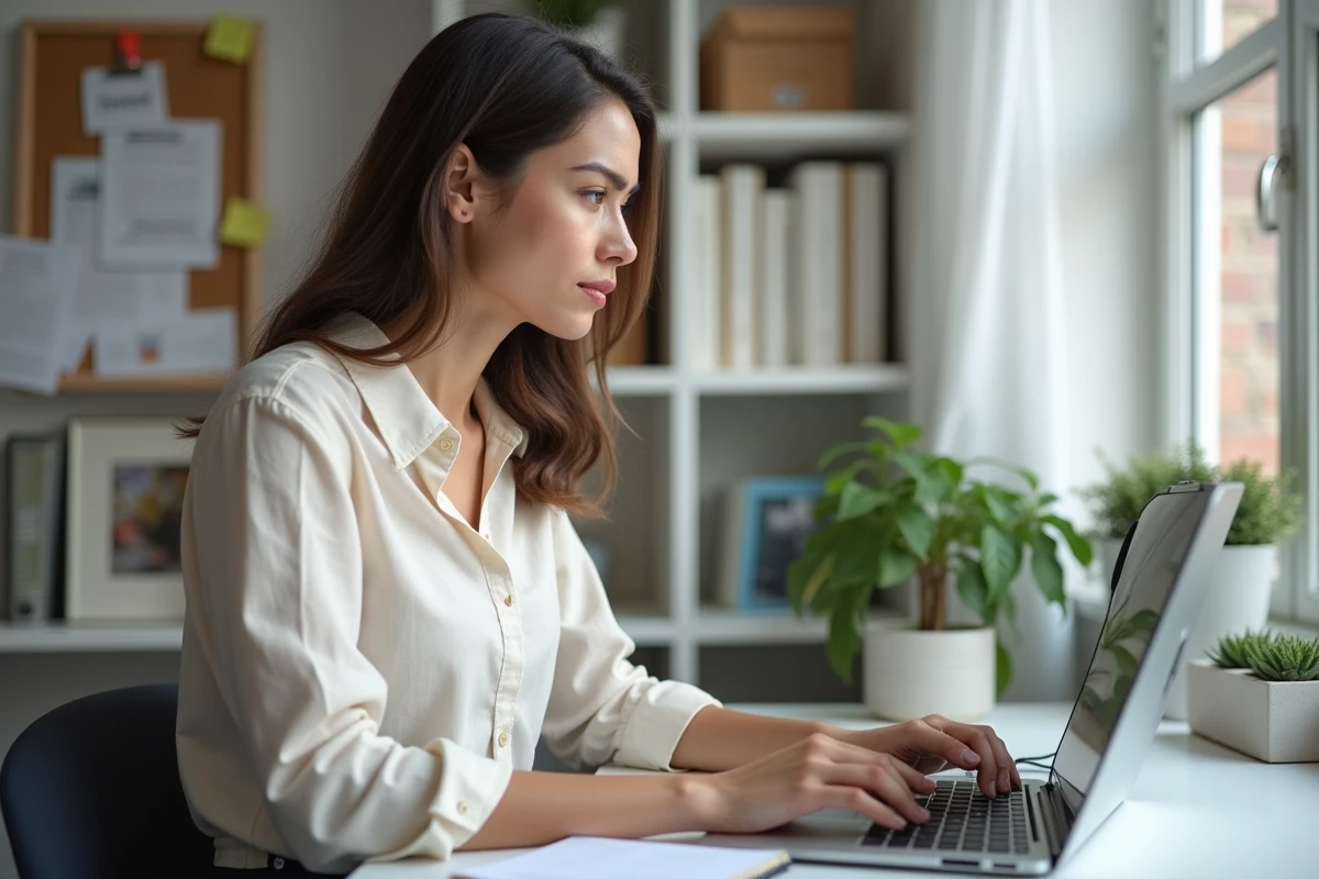 Femme analysant des données d'investissement immobilier sur un ordinateur portable dans un bureau à domicile bien organisé