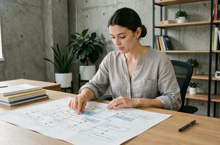 Femme professionnelle analysant un plan de site imprimé sur un bureau en bois dans un bureau moderne