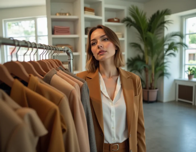Femme élégante en blazer camel parcourant un portant de vêtements tendance dans une boutique de mode moderne