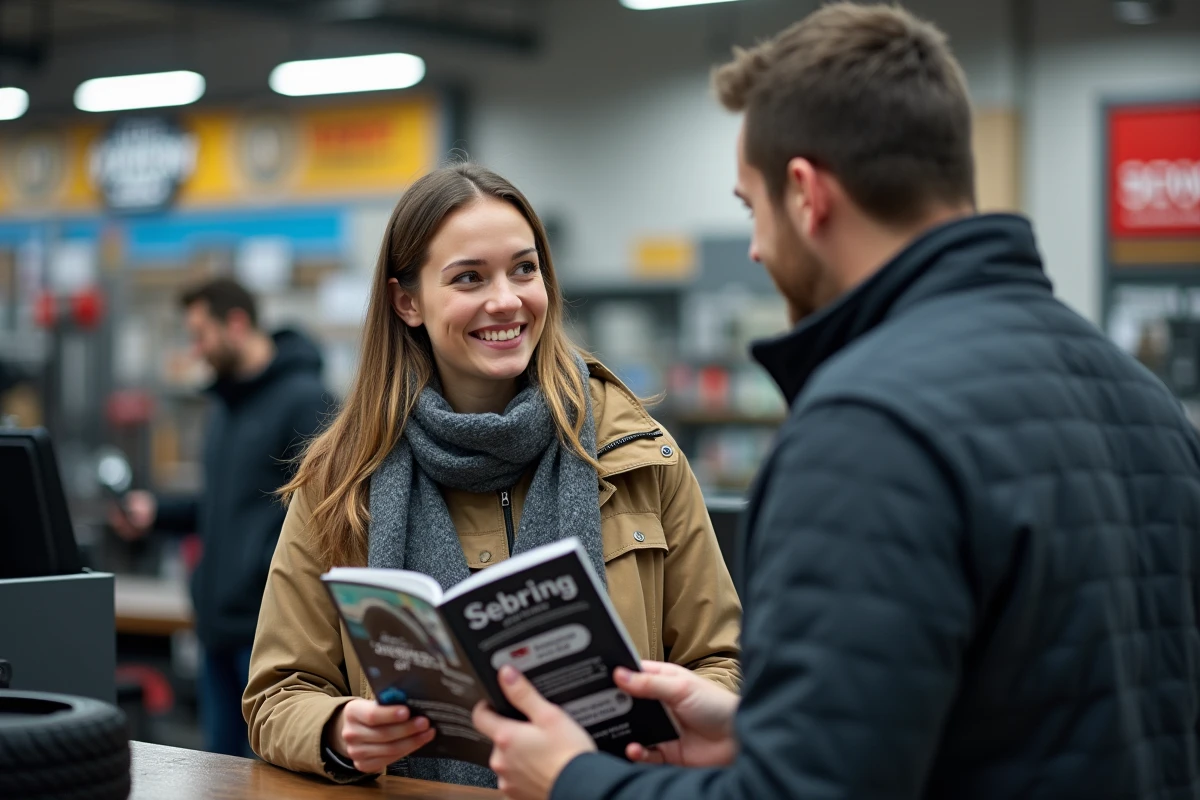 Jeune femme consulte une brochure de pneus en magasin