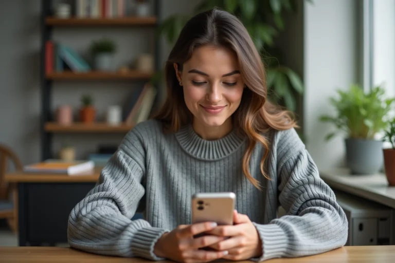 Jeune femme consultant un compte Instagram privé sur son smartphone depuis un bureau à domicile