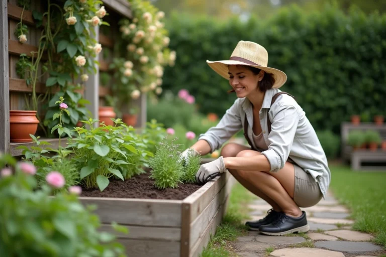 Femme jardinière transplantant des plantes dans un parterre en bois surélevé avec des outils de jardinage dans un jardin fleuri