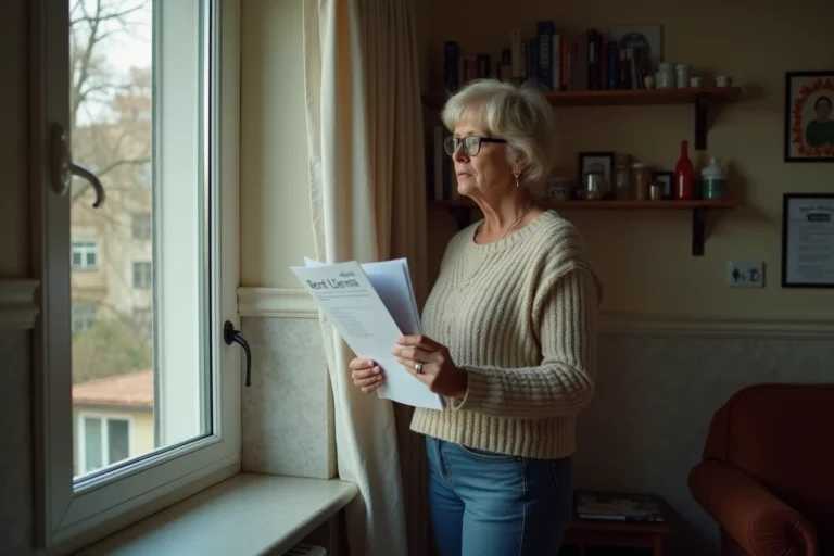 Femme méditant avec des papiers de loyer dans un appartement modeste