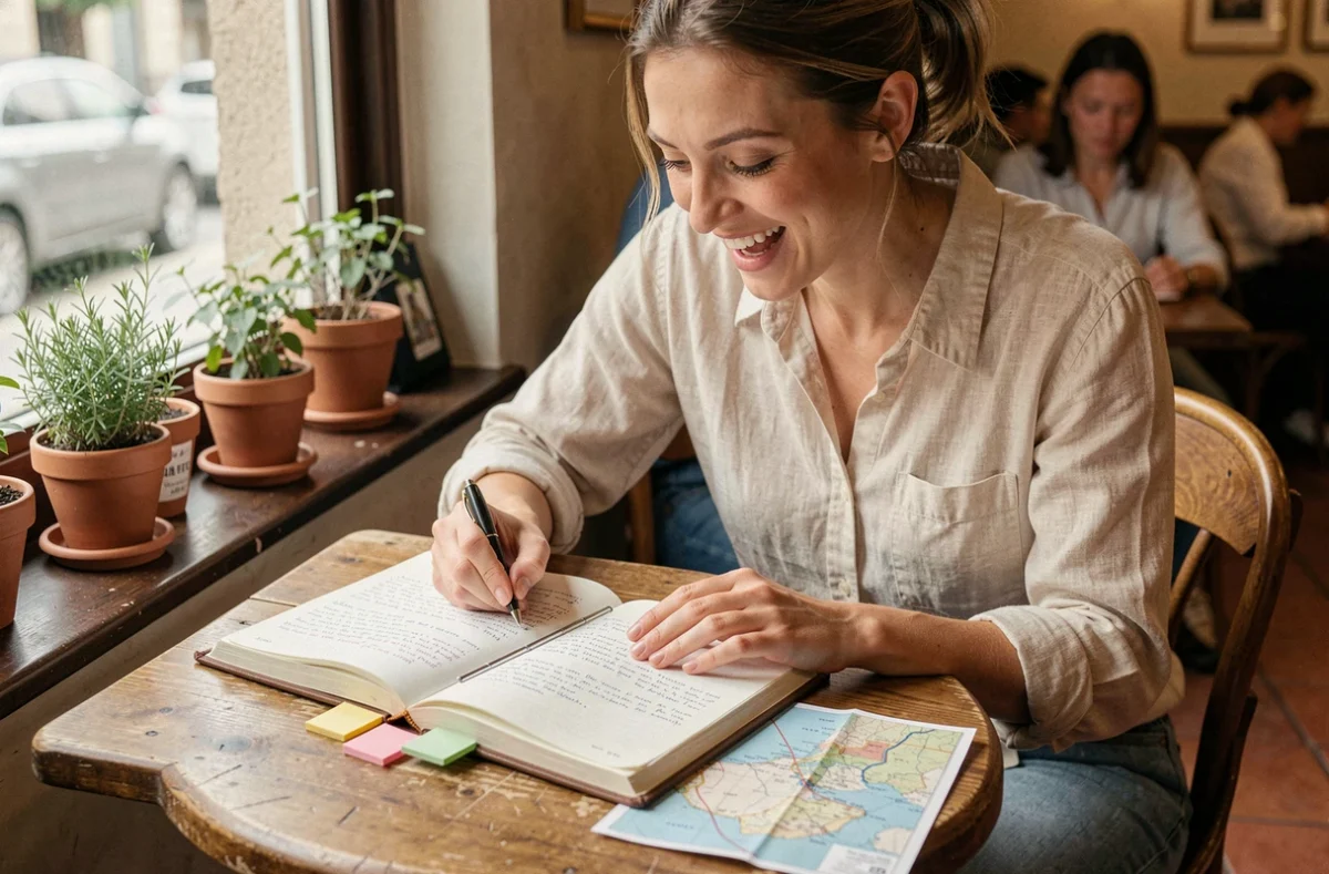 Femme planifiant un voyage inoubliable avec un journal de voyage et une carte dans un café européen