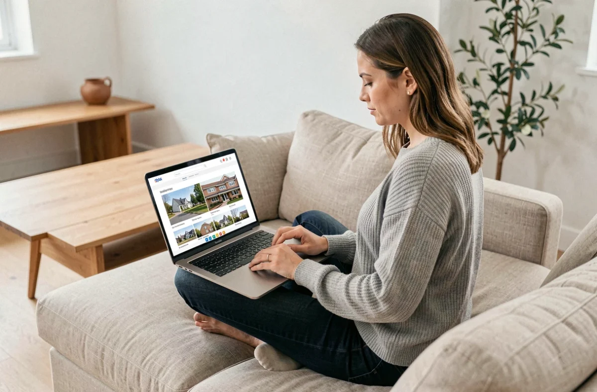Femme consultant un portail immobilier sur son ordinateur portable depuis son salon pour trouver la maison de ses rêves