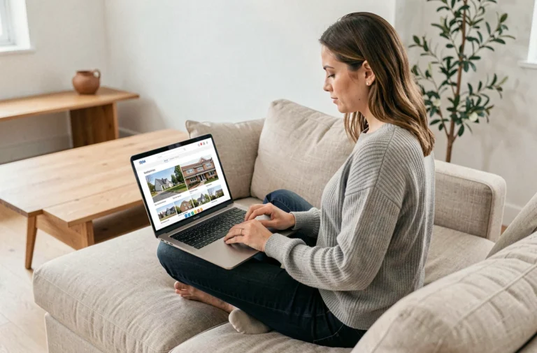 Femme consultant un portail immobilier sur son ordinateur portable depuis son salon pour trouver la maison de ses rêves