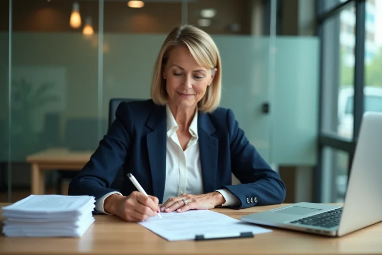 Femme d'âge moyen signant un contrat bancaire dans un bureau moderne