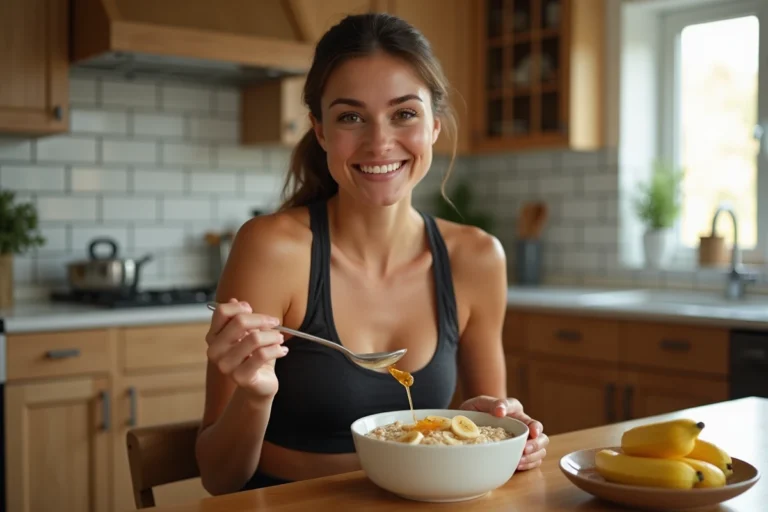Femme sportive mangeant un bol d'avoine avec banane avant l'entraînement, glucides pré-entraînement naturels dans une cuisine moderne