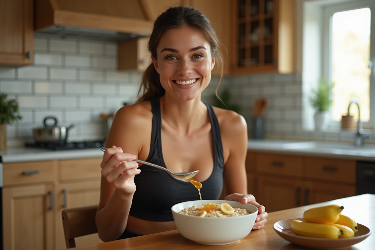 Femme sportive mangeant un bol d'avoine avec banane avant l'entraînement, glucides pré-entraînement naturels dans une cuisine moderne