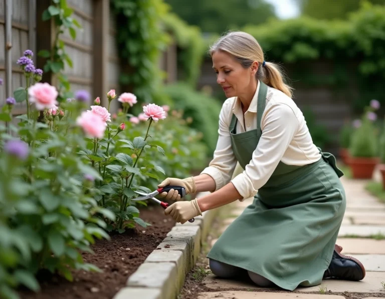 Femme jardinant et taillant un rosier dans un jardin soigné avec allée en pierre et lavande en pot