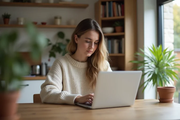 Femme travaillant sur un ordinateur portable dans une cuisine lumineuse