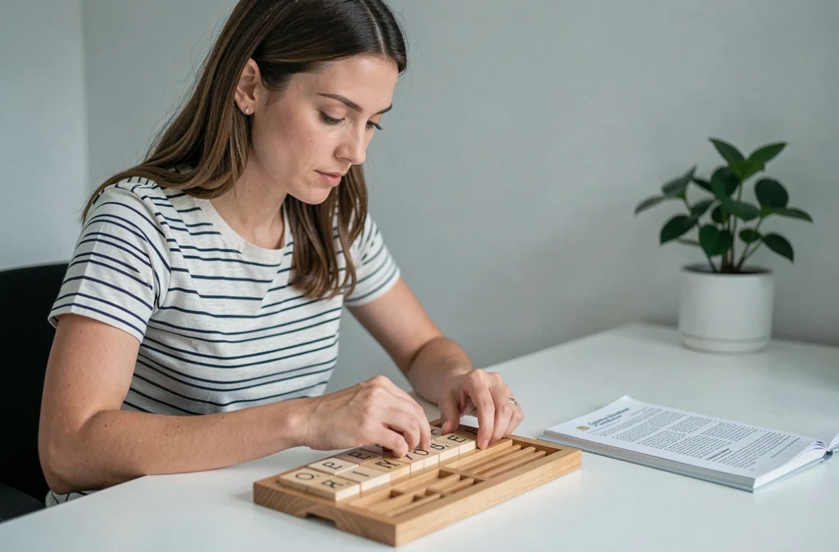 Femme étudiant un chevalet de Scrabble et consultant la liste officielle des mots valides pour éviter les erreurs de jeu