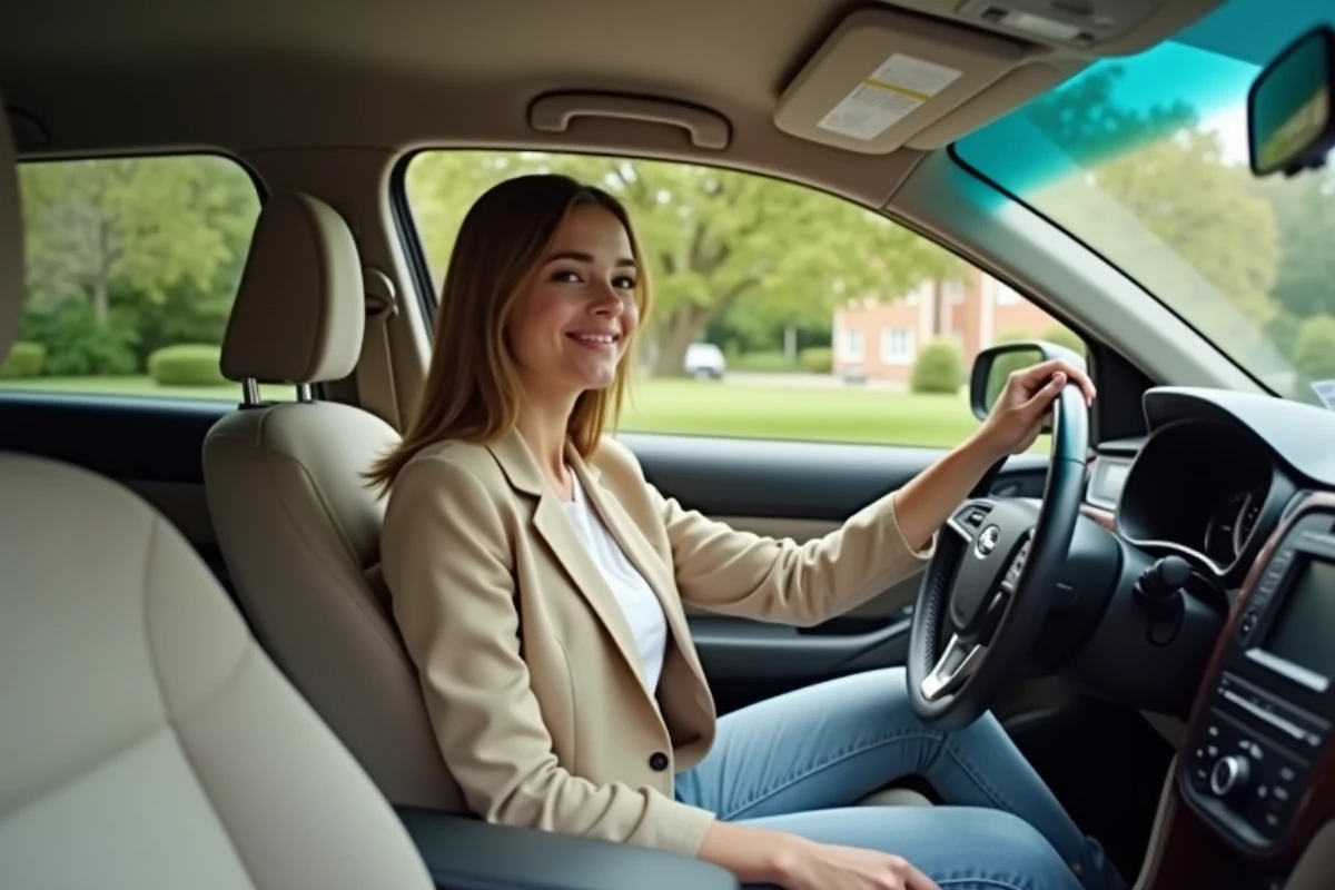 Jeune femme dans la voiture examinant le tableau de bord