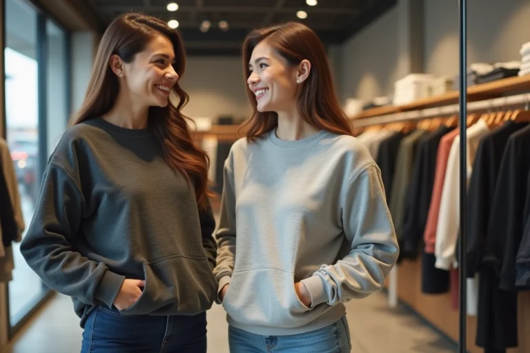 Deux femmes essayant des sweatshirts décontractés en magasin