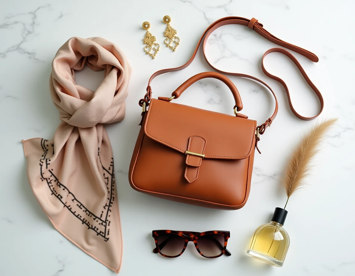 Flat-lay d'accessoires de mode tendance sur marbre blanc, sac en cuir cognac, foulard en soie et bijoux dorés
