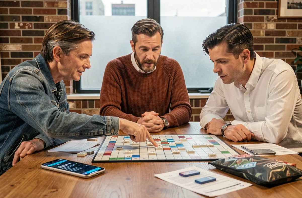 Groupe de trois joueurs adultes contestant un mot au Scrabble et utilisant un validateur en ligne sur smartphone pour trancher le litige