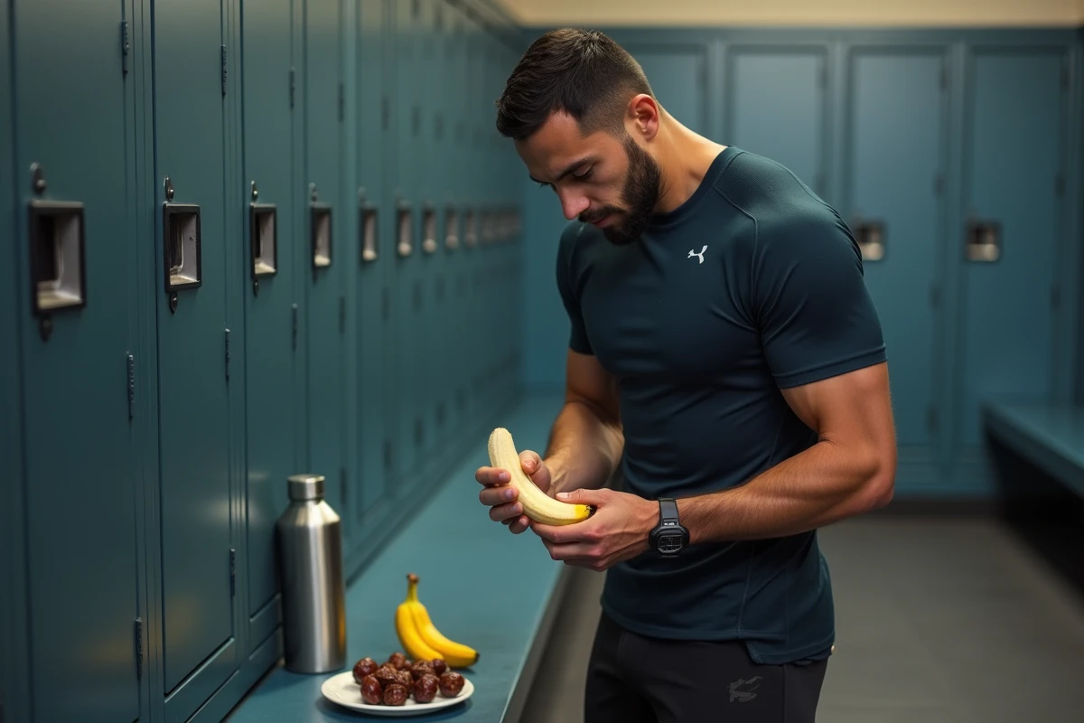 Homme athlétique pelant une banane dans un vestiaire de salle de sport pour un apport en glucides avant l'effort